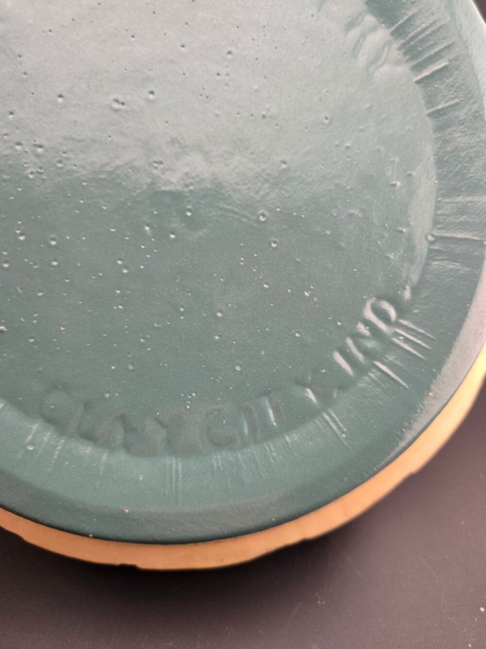 Vintage Clay City Pottery 10" Green Bowl Pie Plate Floral Embossed Rim - Picture 12 of 13